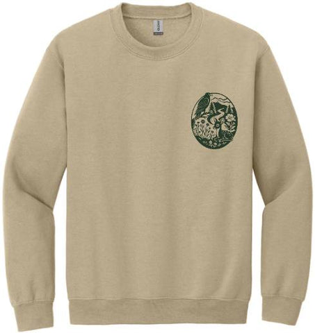 Beige sweatshirt with a green oval wildlife graphic on the chest.
