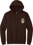 Brown hoodie with a cream owl design on the chest against a brown background